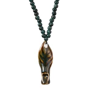 Green Color Ceramic Beaded Whistle Pendant Necklace 22-24 Inches in Silvertone