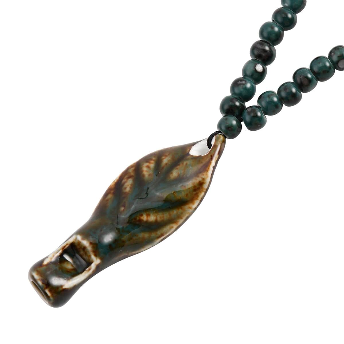 Green Color Ceramic Beaded Whistle Pendant Necklace 22-24 Inches in Silvertone image number 2