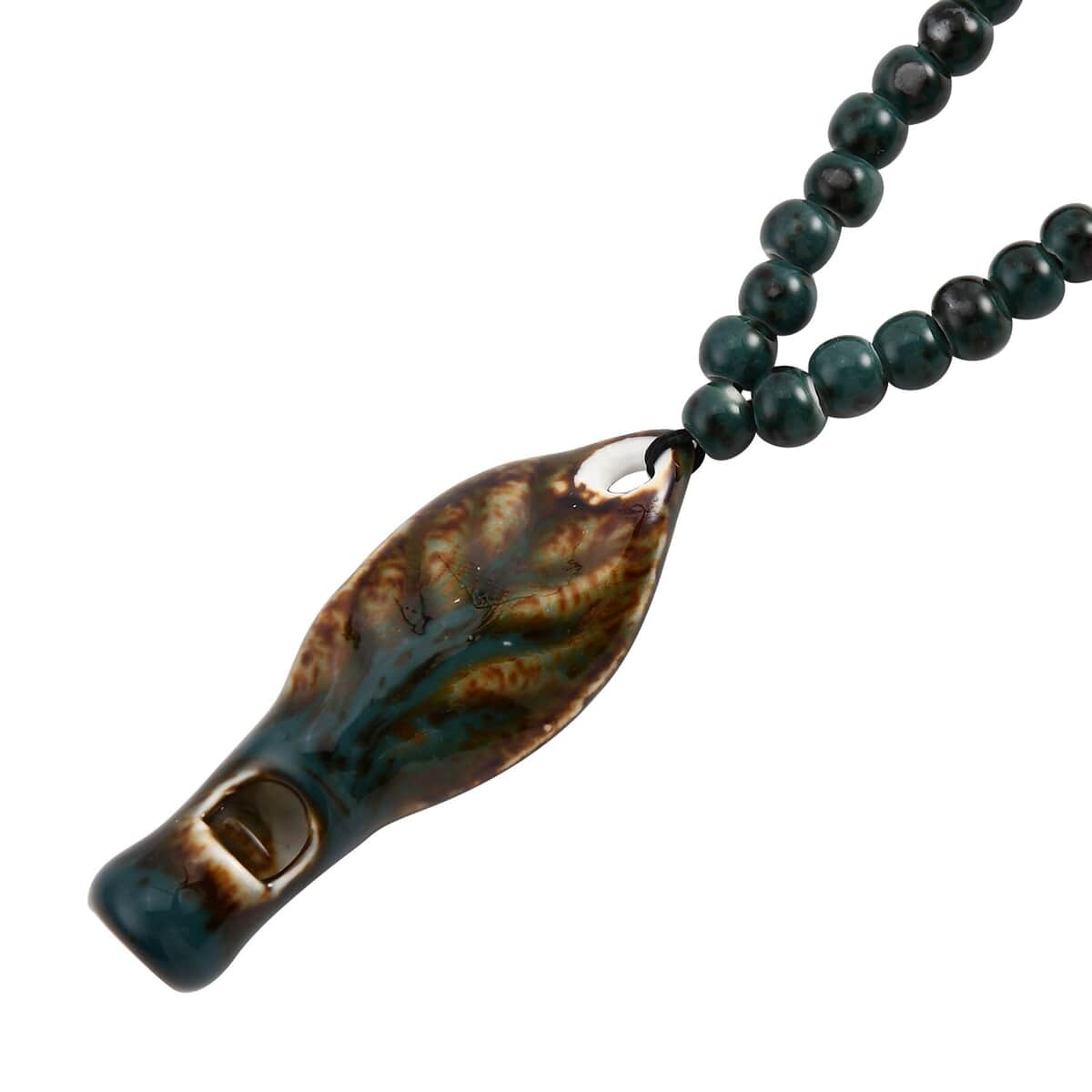 Green Color Ceramic Beaded Whistle Pendant Necklace 22-24 Inches in Silvertone image number 3