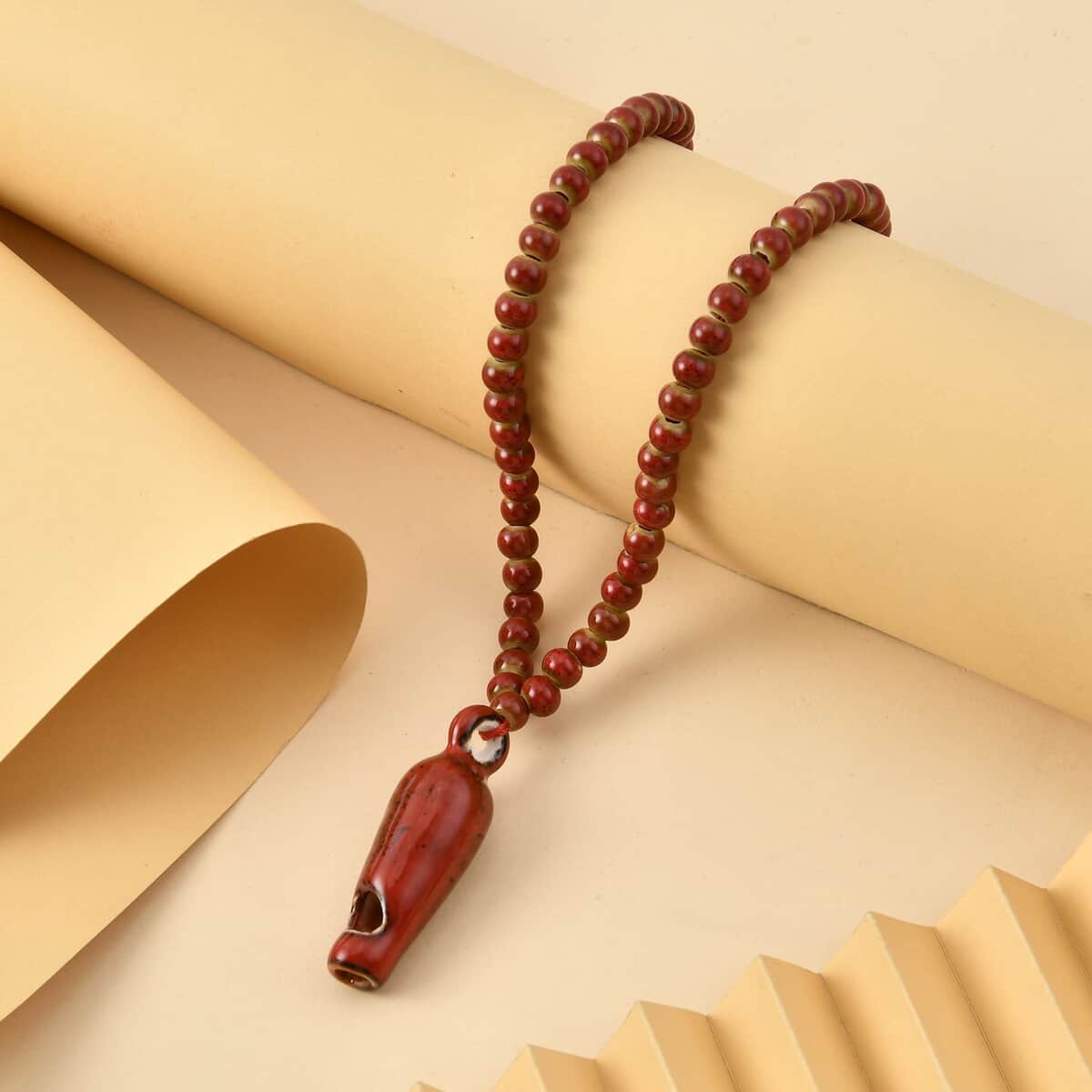 Red Color Ceramic Beaded Whistle Pendant Necklace 22-24 Inches in Silvertone image number 1