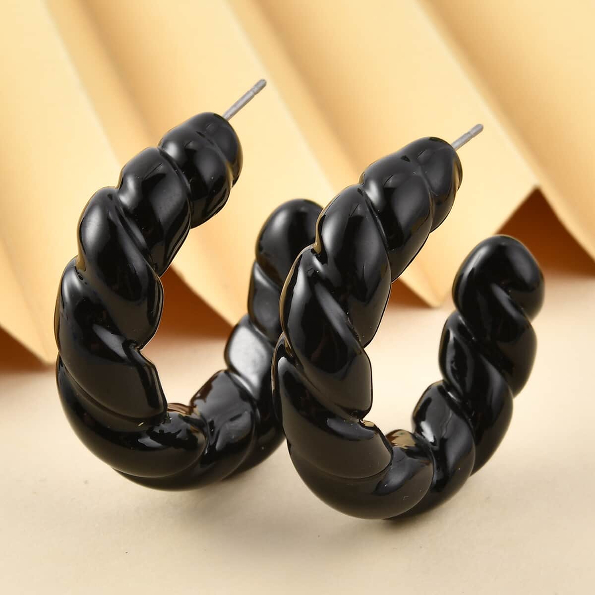 Black Murano Style Twisted Hoop Earrings in Stainless Steel image number 1