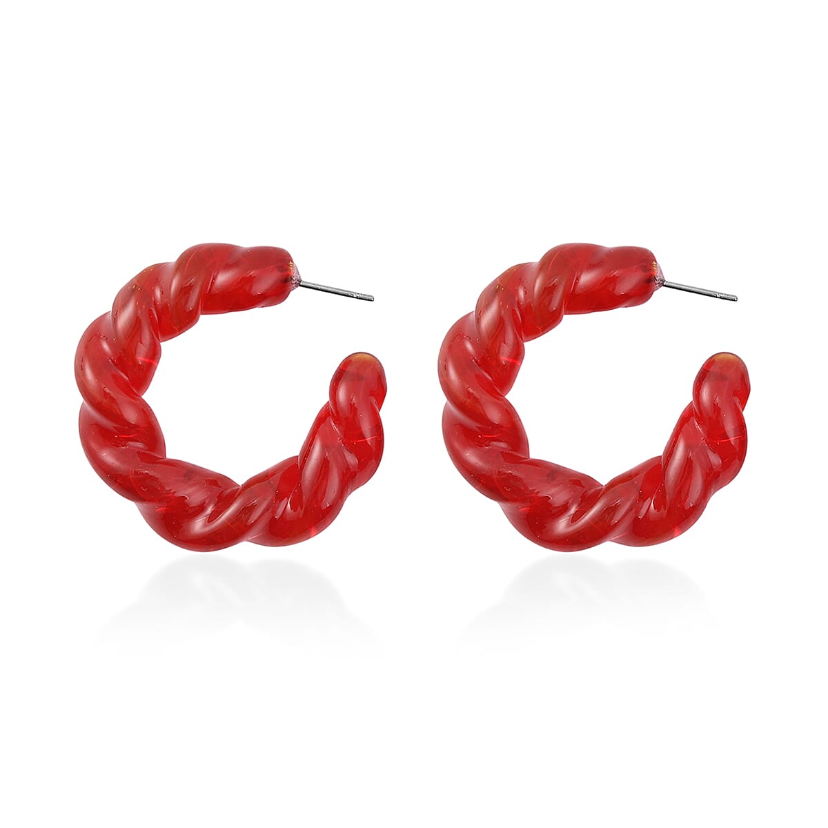 Red Murano Style Twisted Hoop Earrings in Stainless Steel image number 3