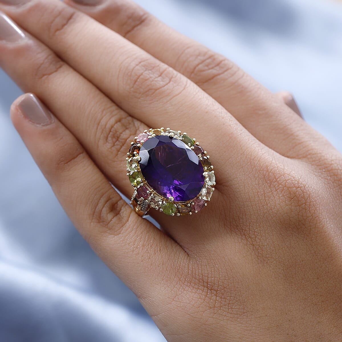 Amethyst, Multi-Tourmaline and Natural White Zircon Halo Ring in Vermeil Yellow Gold Over Sterling Silver 19.40 ctw image number 2