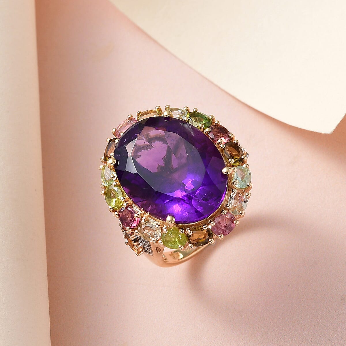 Amethyst, Multi-Tourmaline and White Zircon Halo Ring in Vermeil Yellow Gold Over Sterling Silver (Size 6.0) 19.40 ctw image number 1