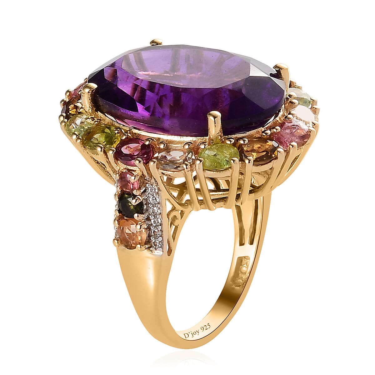 Amethyst, Multi-Tourmaline and White Zircon Halo Ring in Vermeil Yellow Gold Over Sterling Silver (Size 6.0) 19.40 ctw image number 3