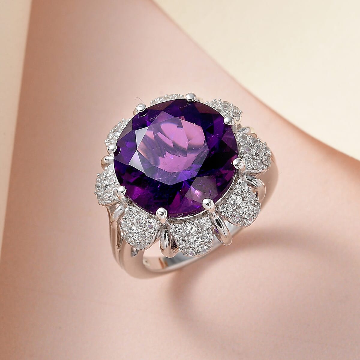 Amethyst and White Zircon Floral Ring in Platinum Over Sterling Silver (Size 7.0) 9.85 ctw image number 1