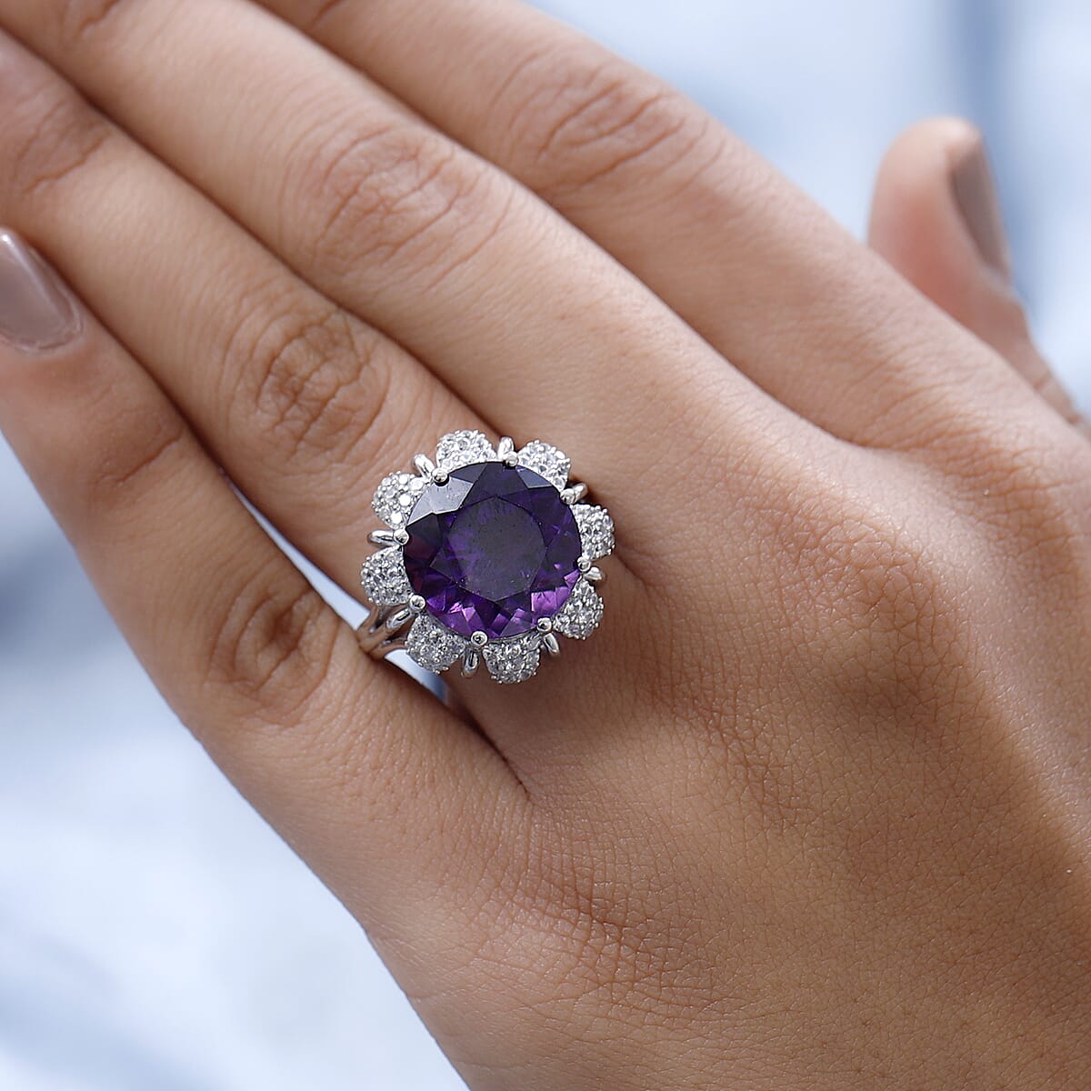 Amethyst and White Zircon Floral Ring in Platinum Over Sterling Silver (Size 8.0) 9.85 ctw image number 2