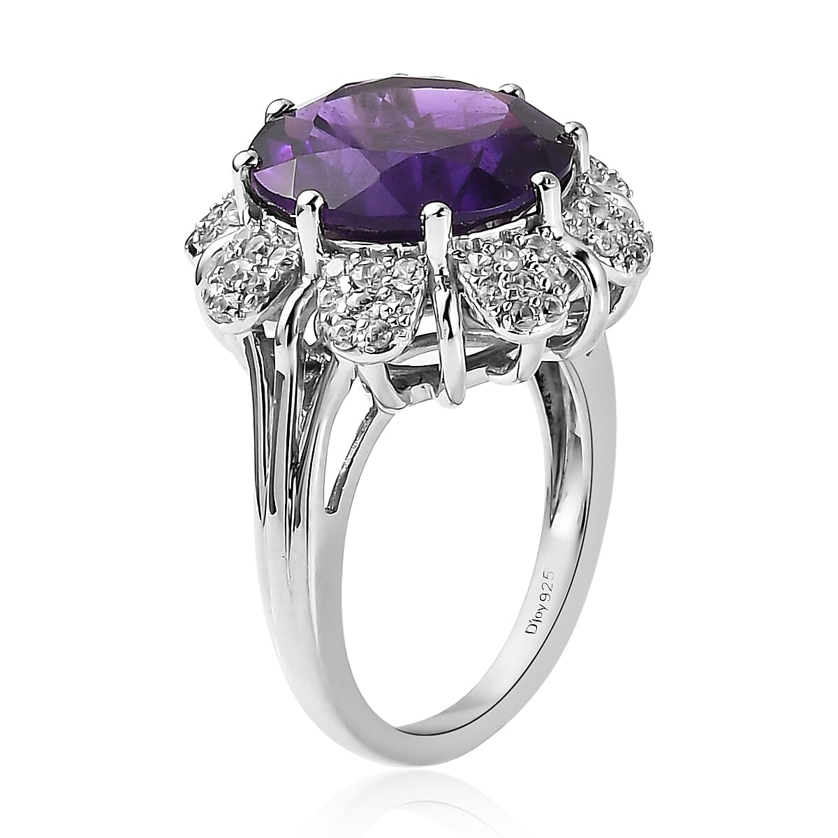 Amethyst and White Zircon Floral Ring in Platinum Over Sterling Silver (Size 8.0) 9.85 ctw image number 3