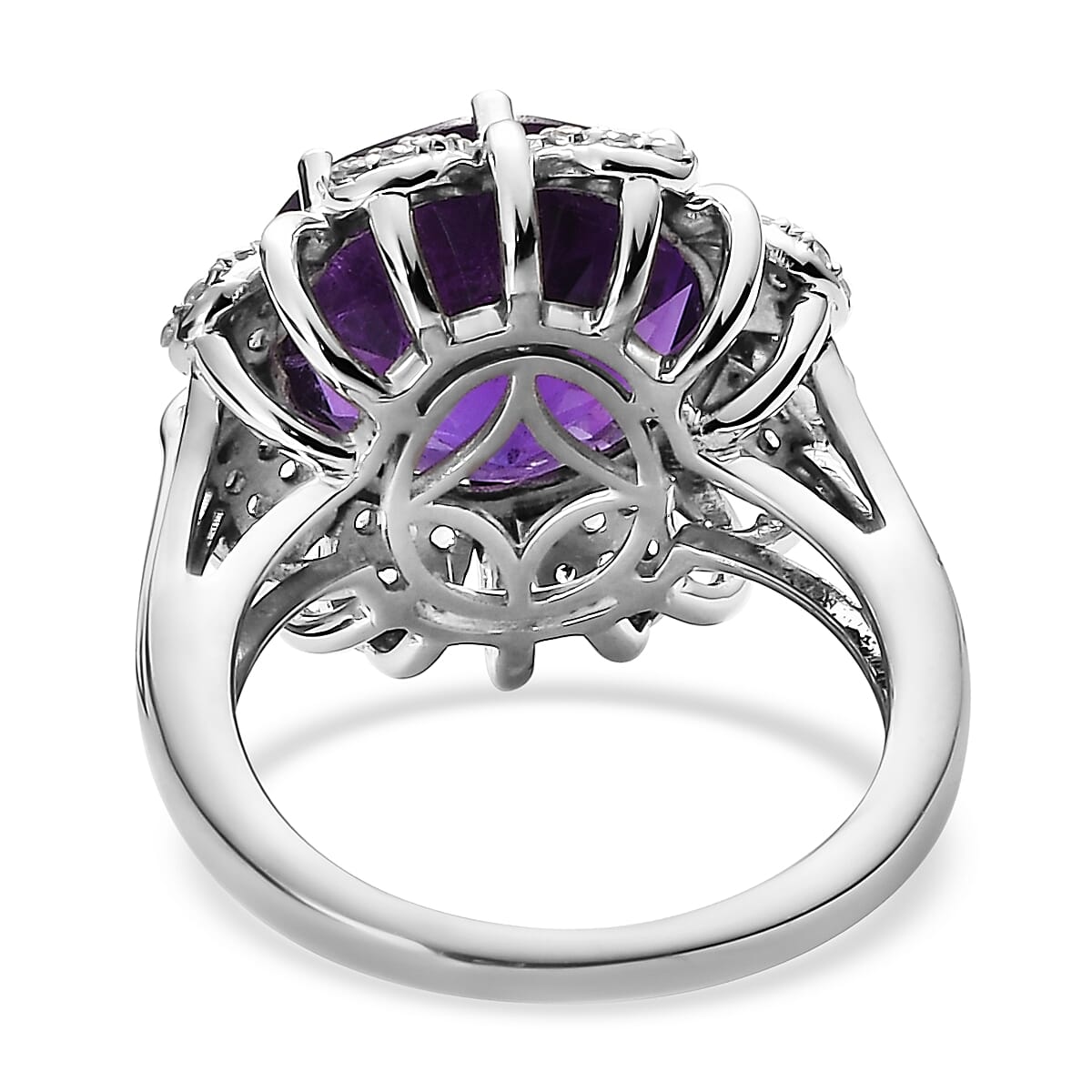 Amethyst and White Zircon Floral Ring in Platinum Over Sterling Silver (Size 8.0) 9.85 ctw image number 4