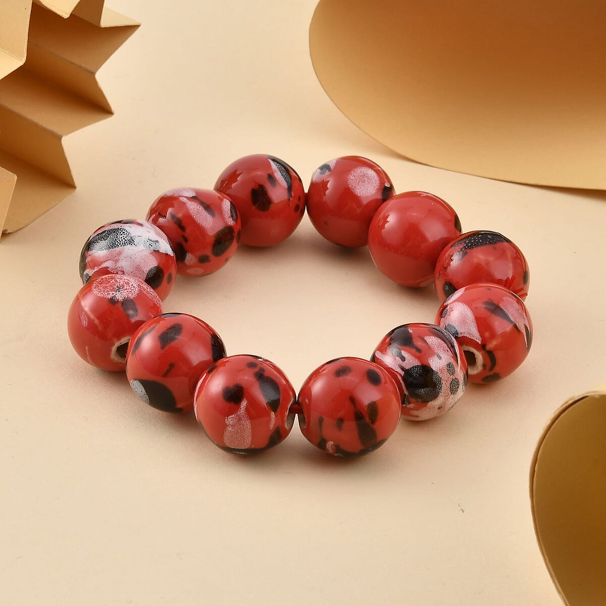 Red Ceramic Beaded Stretch Bracelet image number 1