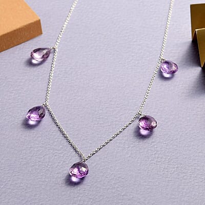 Rose De France Amethyst Station Necklace 20 Inches in Sterling Silver 24.25 ctw