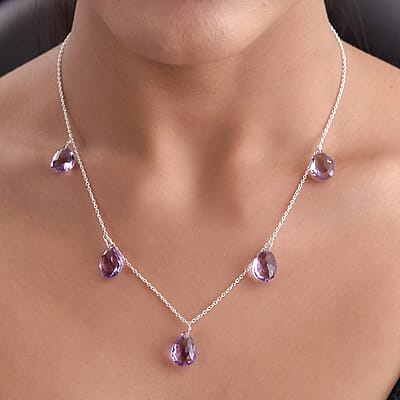 Rose De France Amethyst Station Necklace 20 Inches in Sterling Silver 24.25 ctw