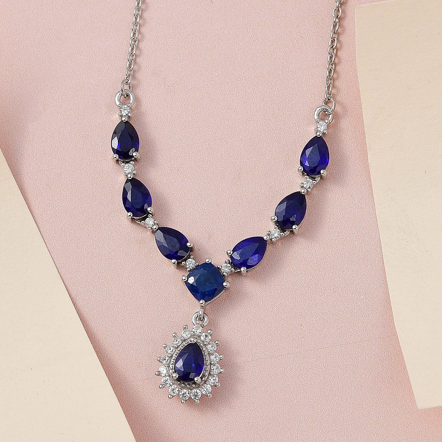 Tanzanian Blue Spinel(DF) and White Zircon Necklace 18 Inches in Platinum Over Sterling Silver 4.25 ctw