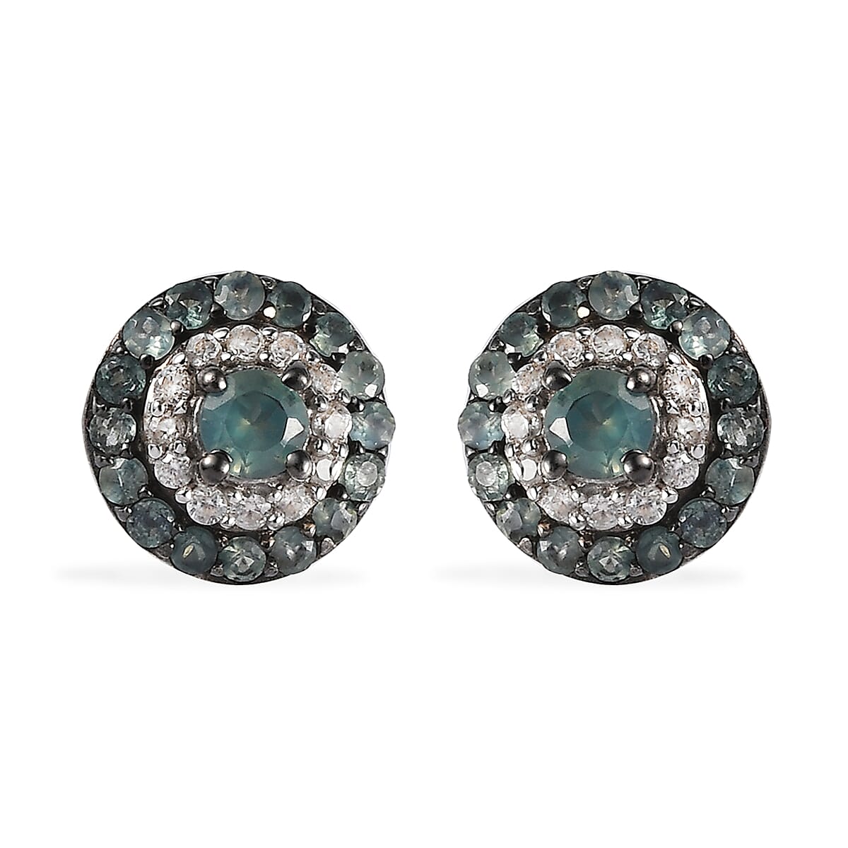 Narsipatnam Alexandrite and White Zircon Double Halo Stud Earrings in Platinum Over Sterling Silver 0.90 ctw