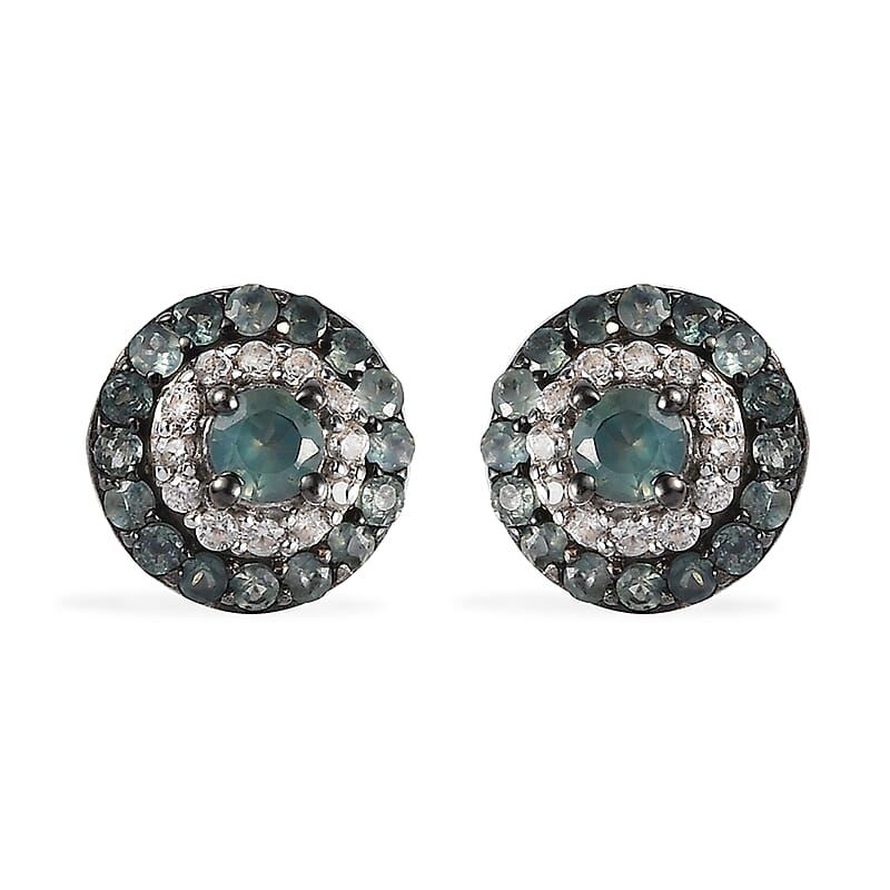 Narsipatnam Alexandrite and White Zircon Double Halo Stud Earrings in Platinum Over Sterling Silver 0.90 ctw