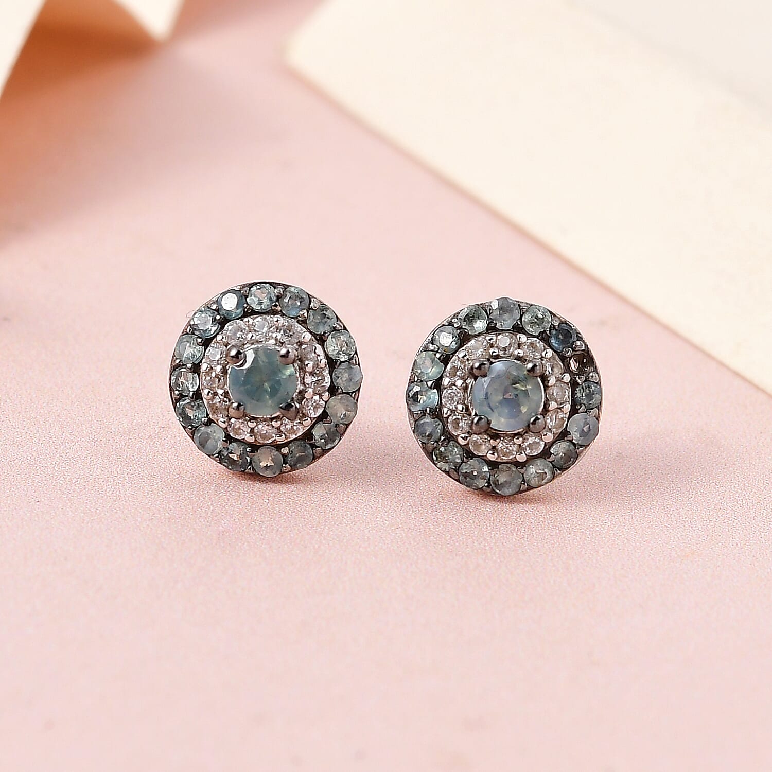 Narsipatnam Alexandrite and White Zircon Double Halo Stud Earrings in Platinum Over Sterling Silver 0.90 ctw