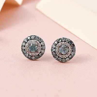 Narsipatnam Alexandrite and White Zircon Double Halo Stud Earrings in Platinum Over Sterling Silver 0.90 ctw