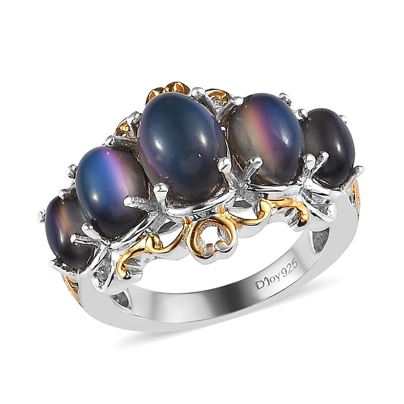 Aurora Moonstone (D) 5 Stone Ring in Vermeil Yellow Gold and Platinum Over Sterling Silver (Size 10.0) 4.35 ctw
