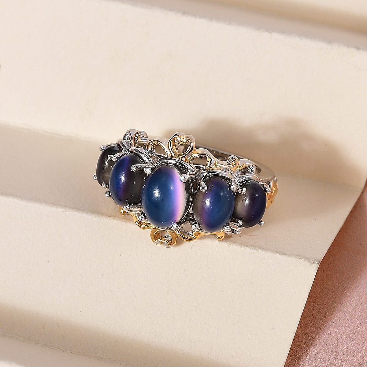 Aurora Moonstone (D) 5 Stone Ring in Vermeil Yellow Gold and Platinum Over Sterling Silver (Size 10.0) 4.35 ctw image number 1