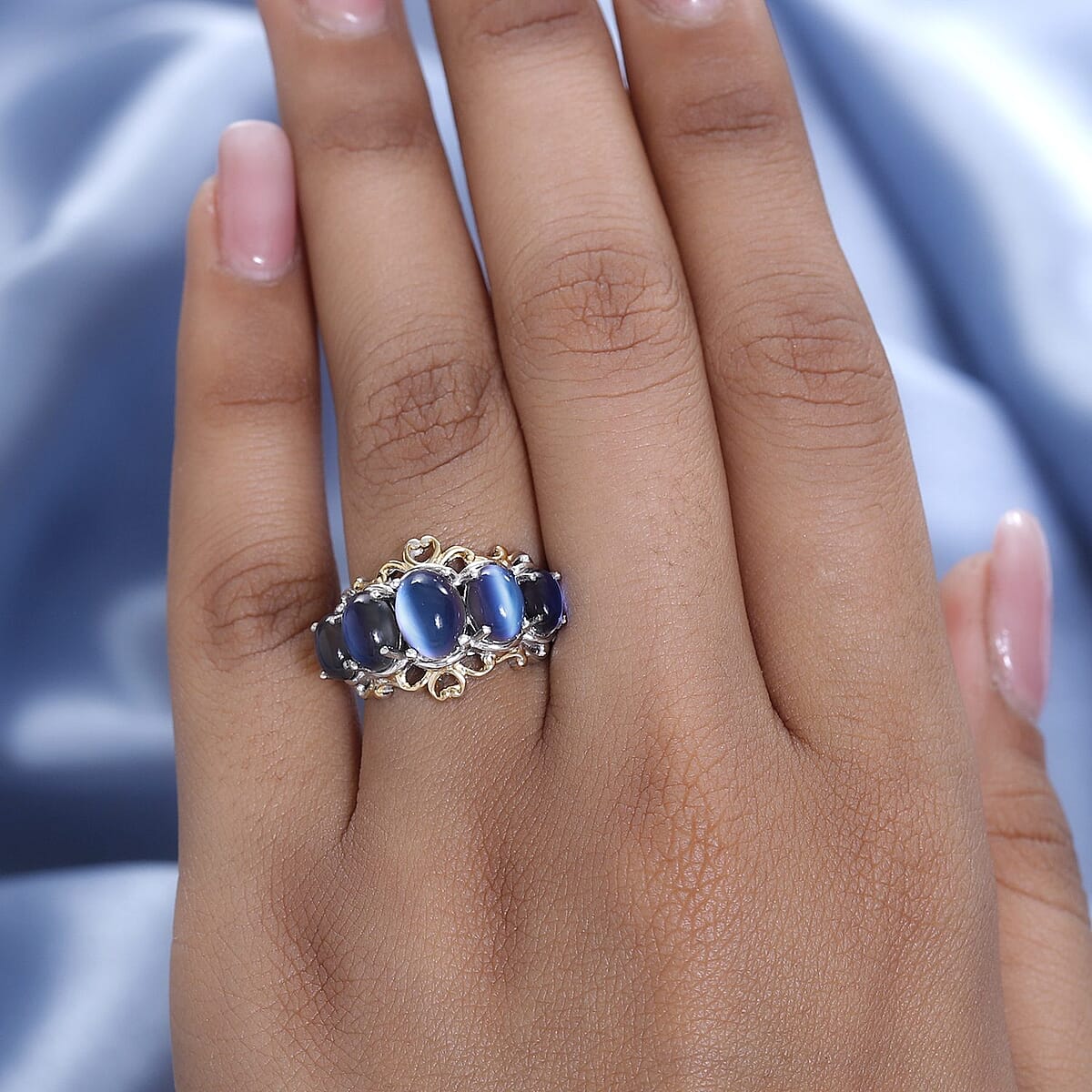 Aurora Moonstone (D) 5 Stone Ring in Vermeil Yellow Gold and Platinum Over Sterling Silver (Size 10.0) 4.35 ctw image number 2