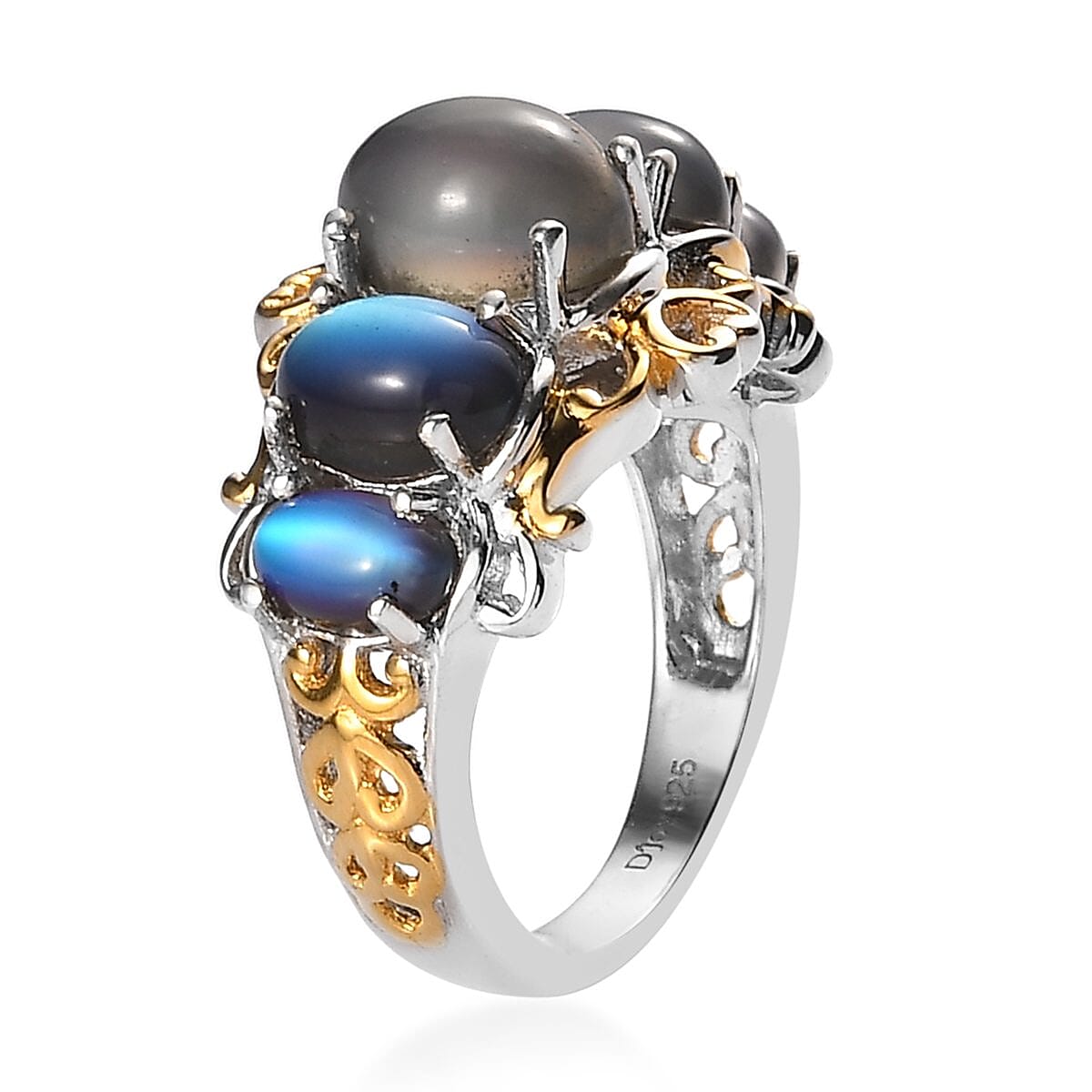Aurora Moonstone (D) 5 Stone Ring in Vermeil Yellow Gold and Platinum Over Sterling Silver (Size 10.0) 4.35 ctw image number 3