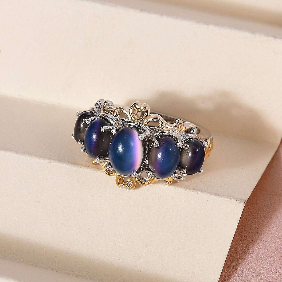 Aurora Moonstone (D) 5 Stone Ring in Vermeil Yellow Gold and Platinum Over Sterling Silver (Size 8.0) 4.35 ctw image number 1