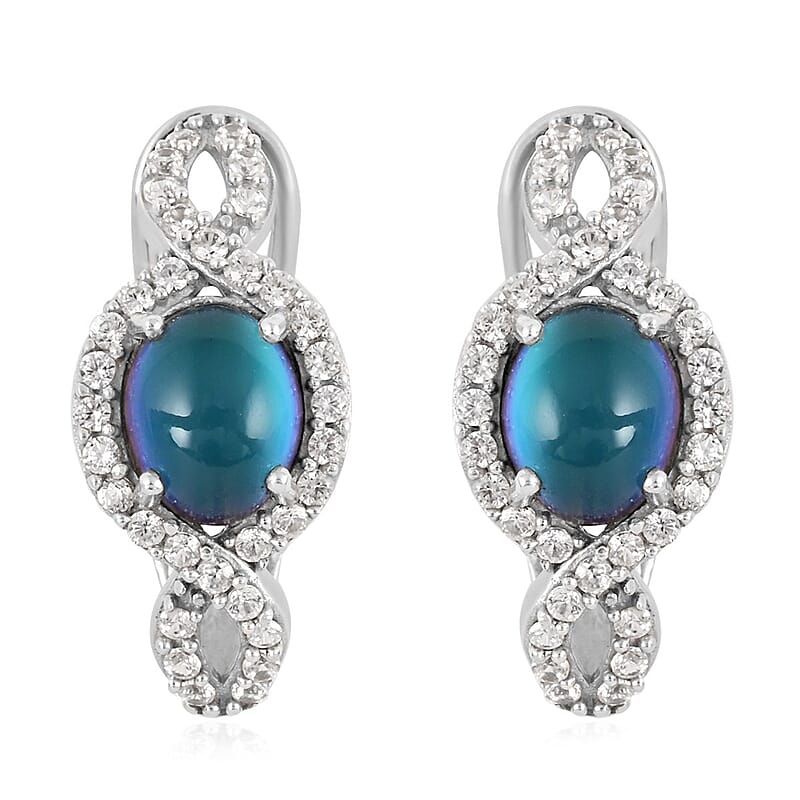 Aurora Moonstone (D) and White Zircon Omega Clip Earrings in Platinum Over Sterling Silver 5.50 ctw