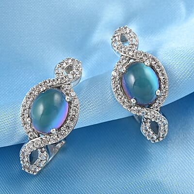 Aurora Moonstone (D) and White Zircon Omega Clip Earrings in Platinum Over Sterling Silver 5.50 ctw
