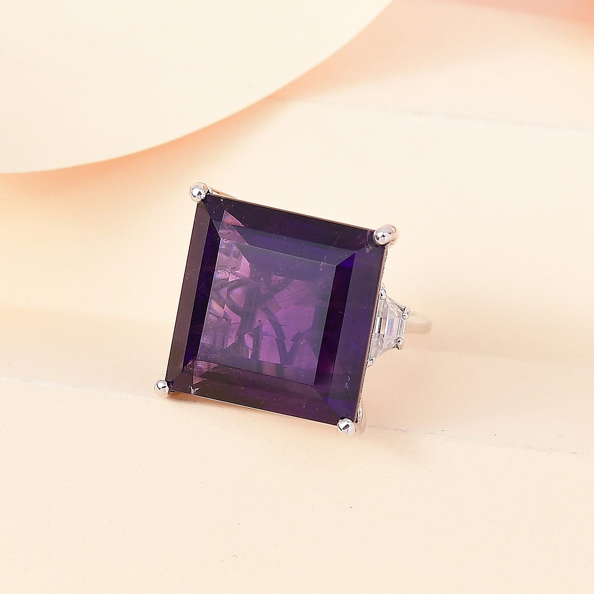African Amethyst and Moissanite 3 Stone Ring in Platinum Over Sterling Silver 34.65 ctw (Del. in 5-7 Days) image number 1
