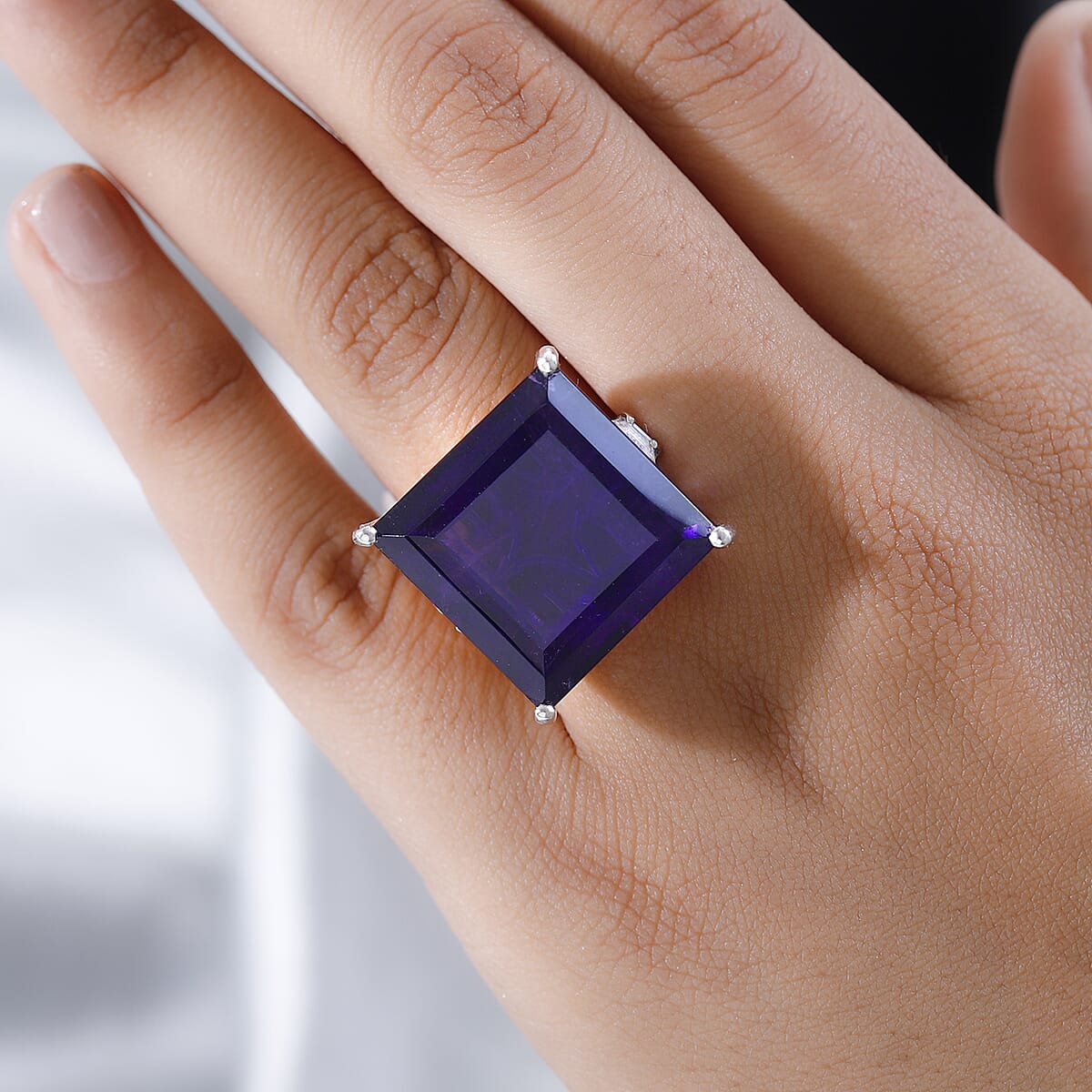 African Amethyst and Moissanite 3 Stone Ring in Platinum Over Sterling Silver 34.65 ctw (Del. in 5-7 Days) image number 2