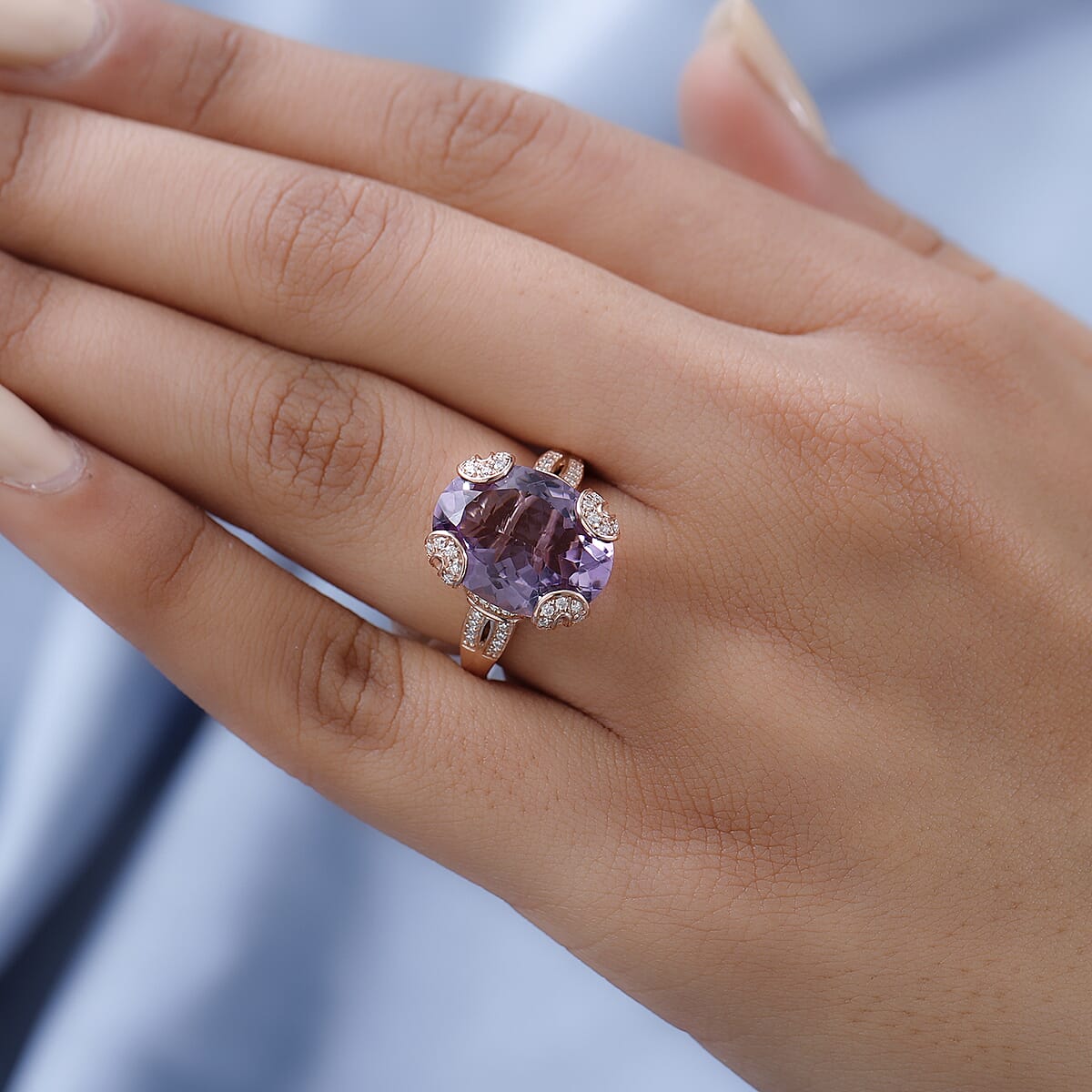 Rose De France Amethyst and Moissanite Ring in Vermeil Rose Gold Over Sterling Silver (Size 9.0) 9.25 ctw image number 2