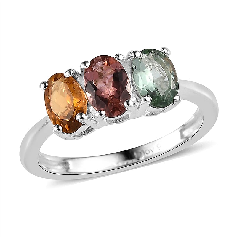 Multi-Tourmaline 3 Stone Ring in Sterling Silver (Size 10.0) 1.25 ctw