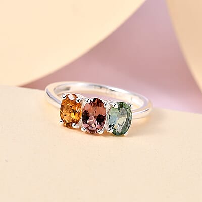 Multi-Tourmaline 3 Stone Ring in Sterling Silver (Size 10.0) 1.25 ctw