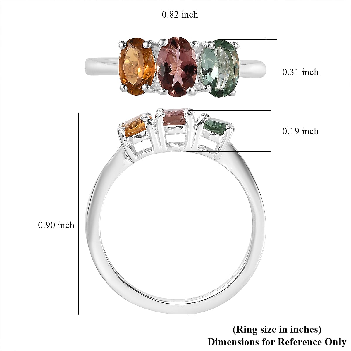 Multi-Tourmaline 3 Stone Ring in Sterling Silver (Size 10.0) 1.25 ctw