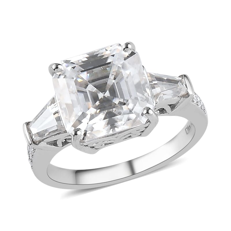 Asscher Cut Moissanite Ring in Platinum Over Sterling Silver (Size 10.0) 6.25 ctw