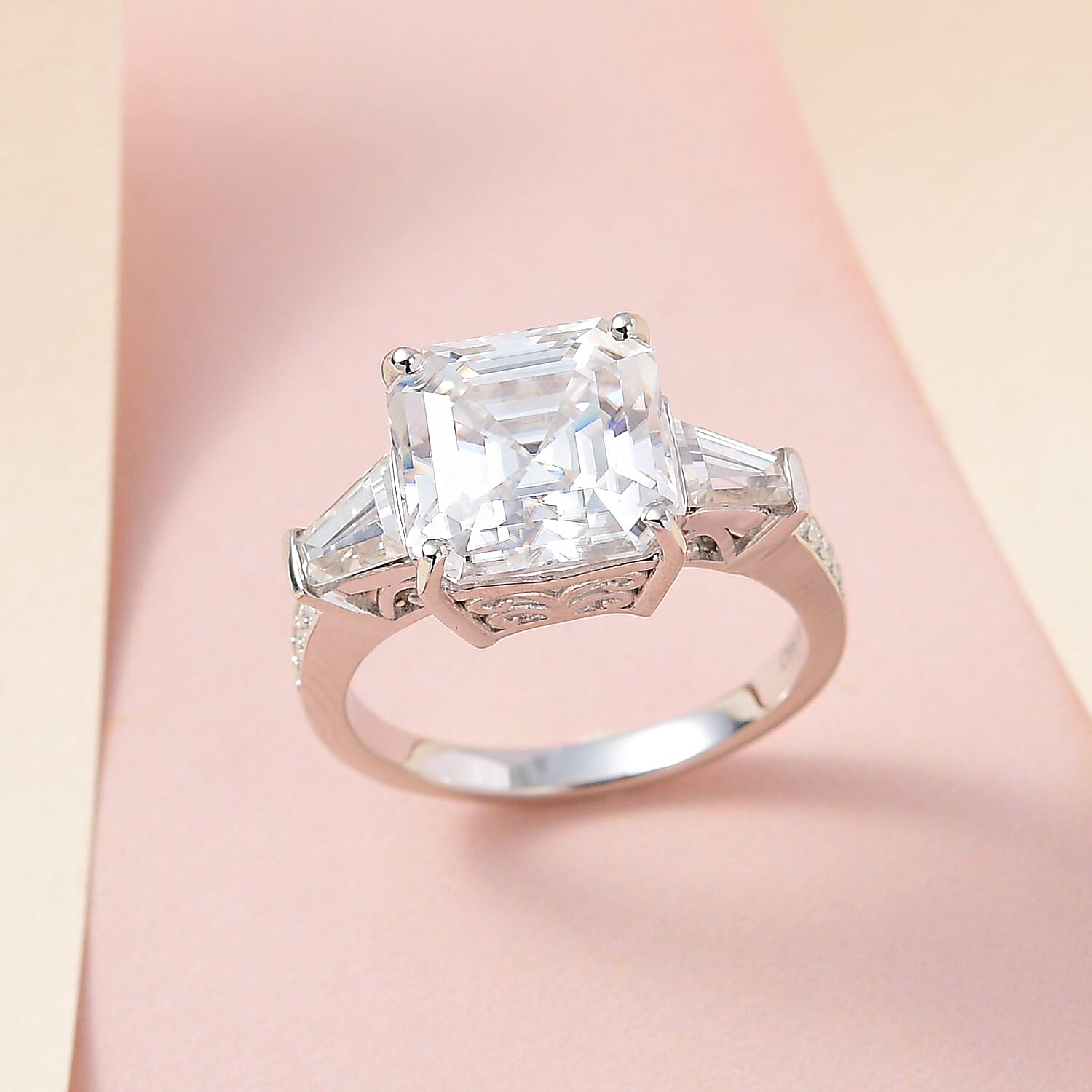 Asscher Cut Moissanite Ring in Platinum Over Sterling Silver (Size 10.0) 6.25 ctw