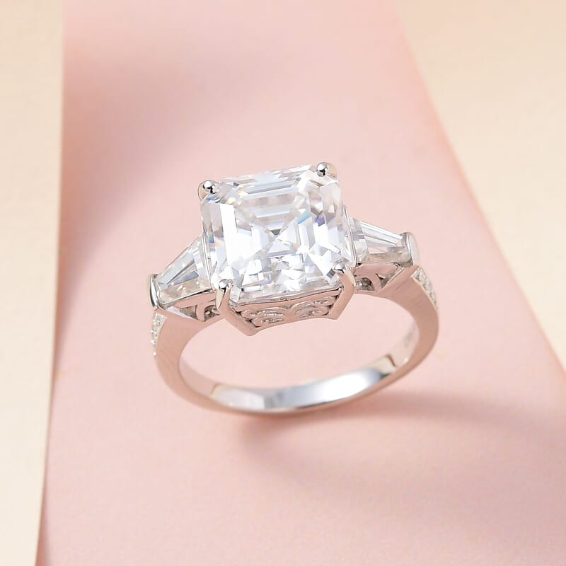 Asscher Cut Moissanite Ring in Platinum Over Sterling Silver (Size 10.0) 6.25 ctw