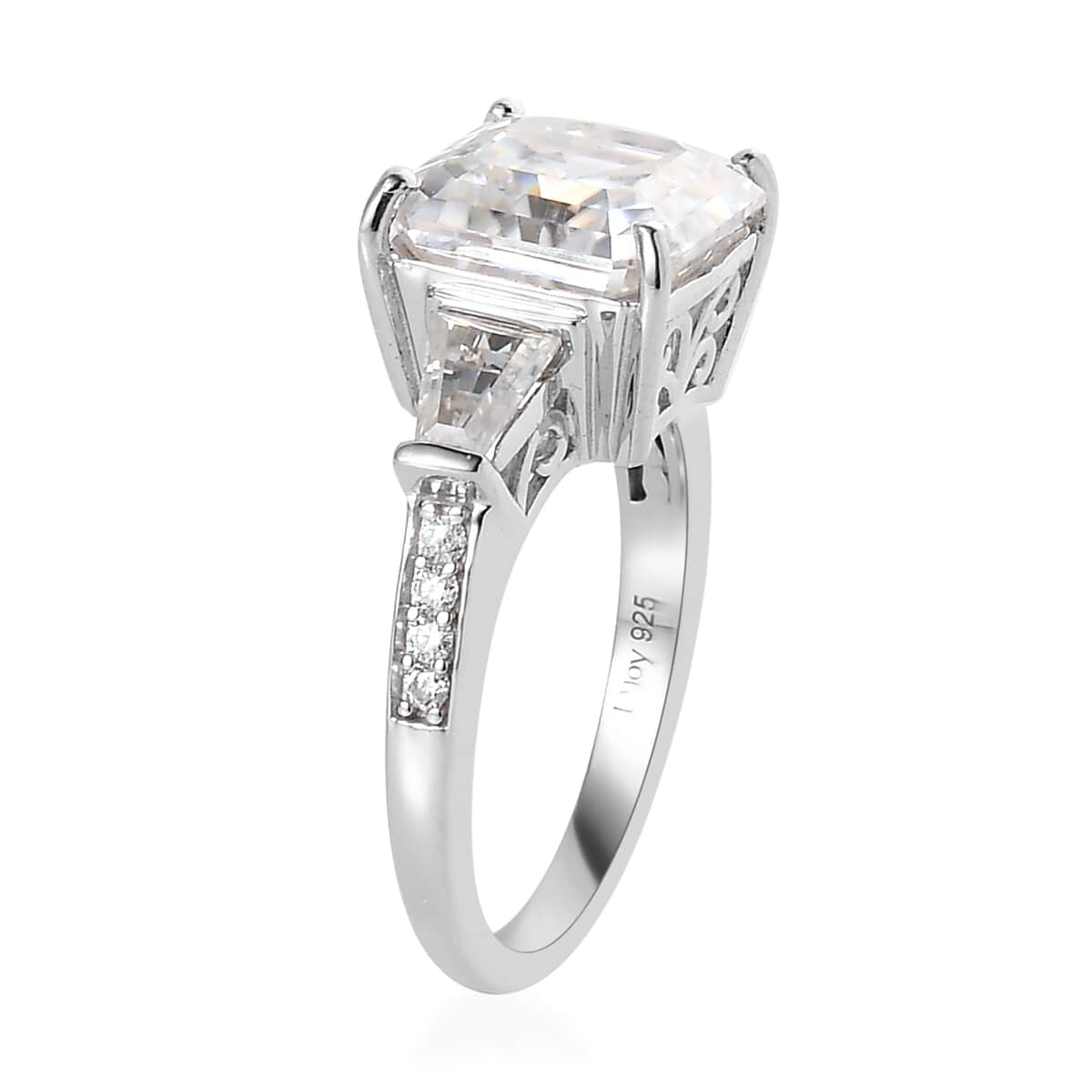 Step Cut Moissanite (Oct 10x10mm) Ring in Platinum Over Sterling Silver (Size 10.0) 6.25 ctw image number 3