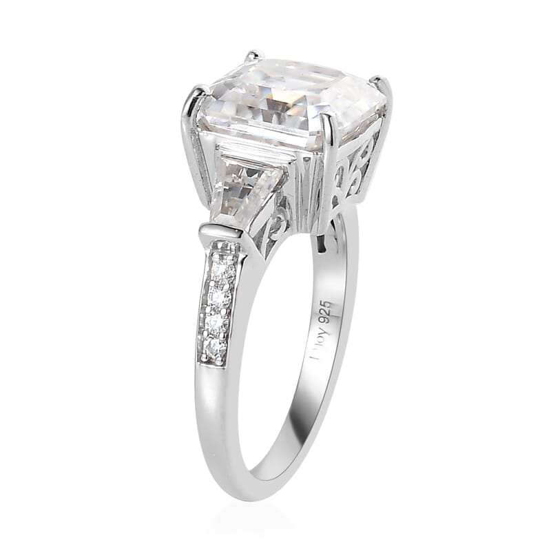 Asscher Cut Moissanite Ring in Platinum Over Sterling Silver (Size 10.0) 6.25 ctw