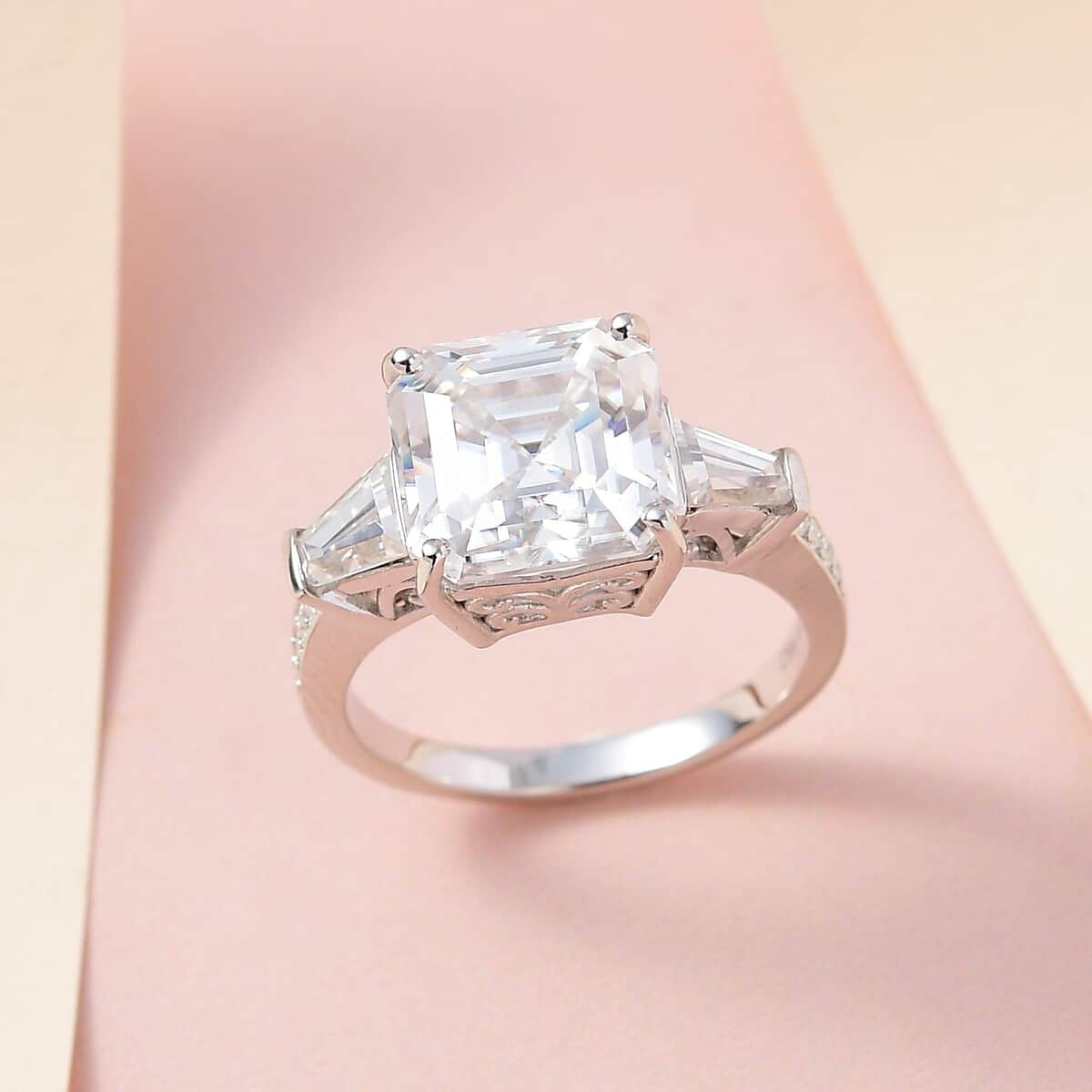 Asscher Cut Moissanite Ring in Platinum Over Sterling Silver (Size 7.0) 6.25 ctw image number 1