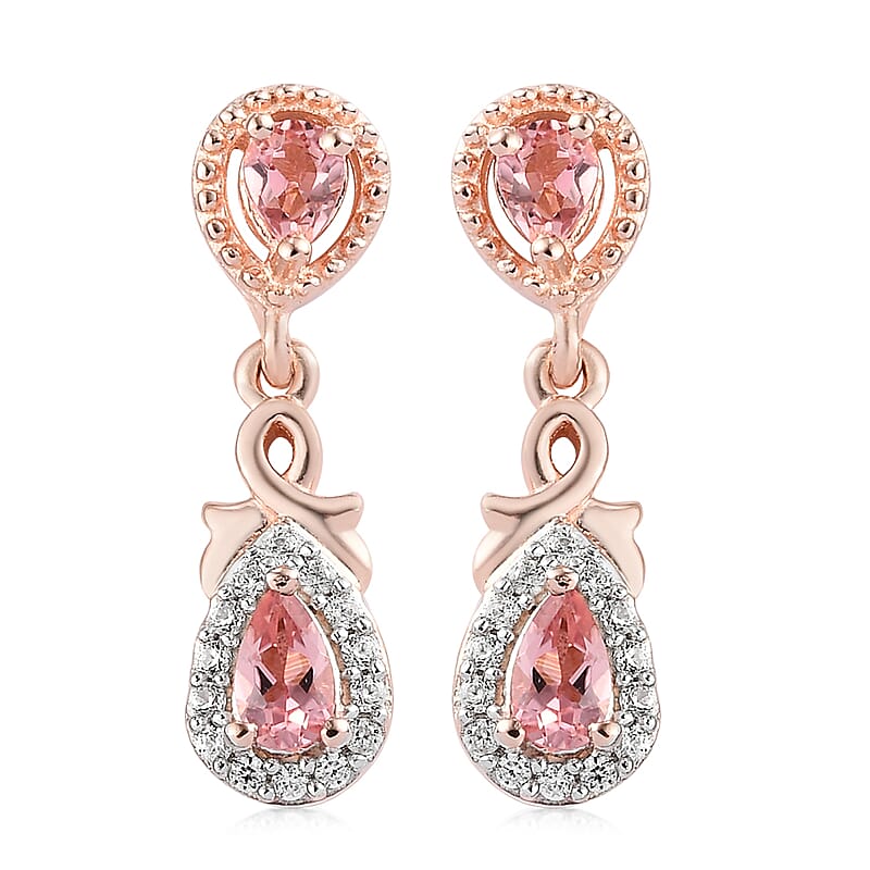 Natural Blush Tourmaline and Natural White Zircon Dangle Earrings in Vermeil Rose Gold Over Sterling Silver 1.00 ctw