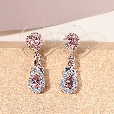 Natural Blush Tourmaline and Natural White Zircon Dangle Earrings in Vermeil Rose Gold Over Sterling Silver 1.00 ctw