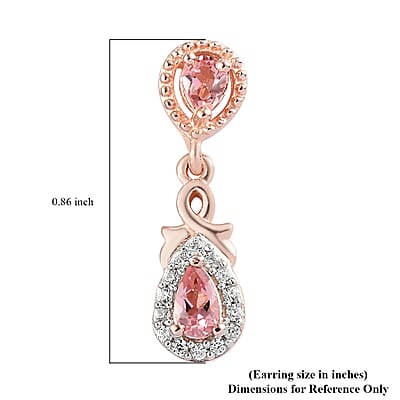 Natural Blush Tourmaline and Natural White Zircon Dangle Earrings in Vermeil Rose Gold Over Sterling Silver 1.00 ctw