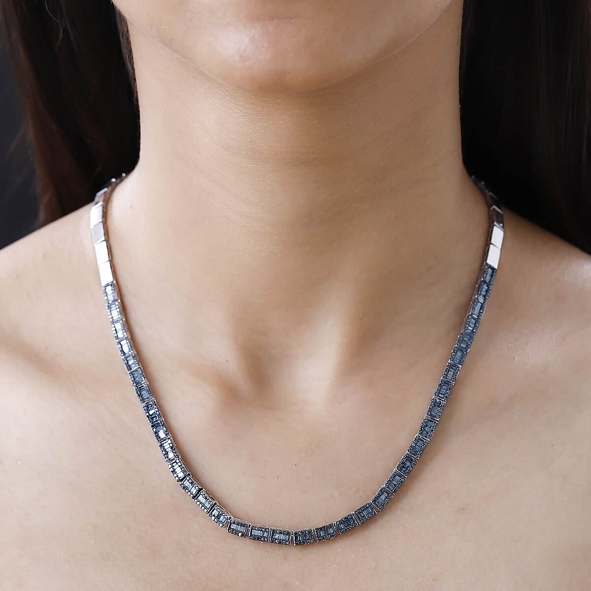 D'Joy Blue Diamond Tennis Necklace, Blue Diamond Three Row Necklace, Rhodium and Platinum Over Sterling Silver Necklace, 16 Inch Necklace, Diamond Jewelry For Her 4.00 ctw image number 2