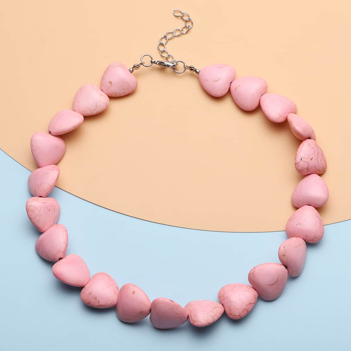 Freshened Pink Howlite Heart Beaded Necklace 18 Inches in Silvertone 409.00 ctw image number 1
