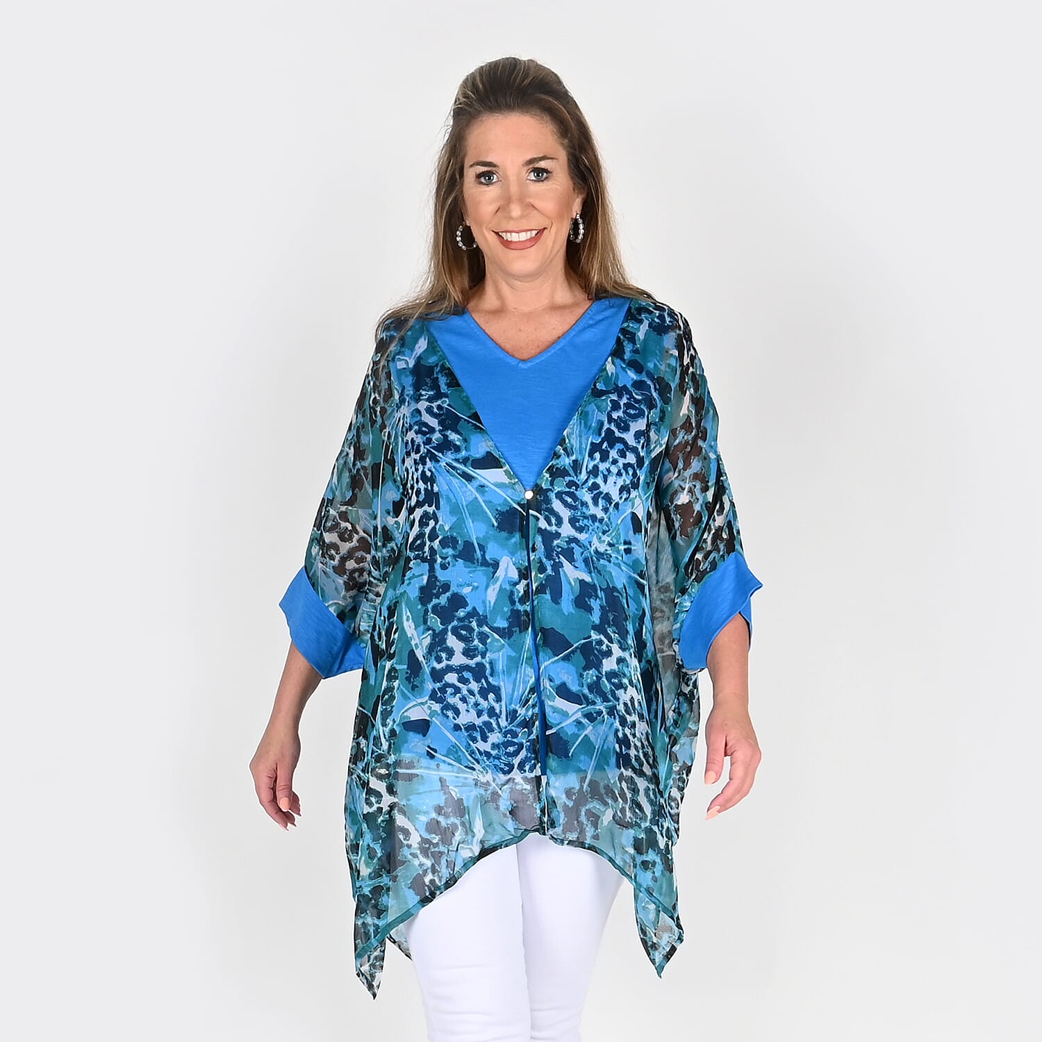 Tamsy Blue Color Chiffon Overlay Top - L