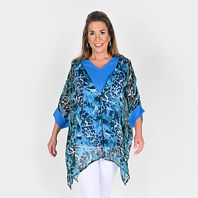 Tamsy Blue Color Chiffon Overlay Top - L