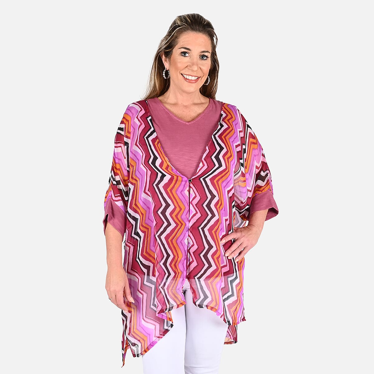 Tamsy Pink Color Chiffon Overlay Top - M image number 3