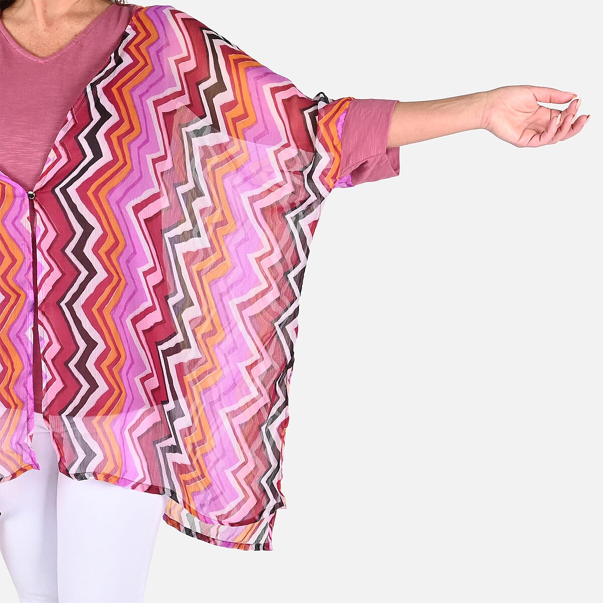 Tamsy Pink Color Chiffon Overlay Top - M image number 4