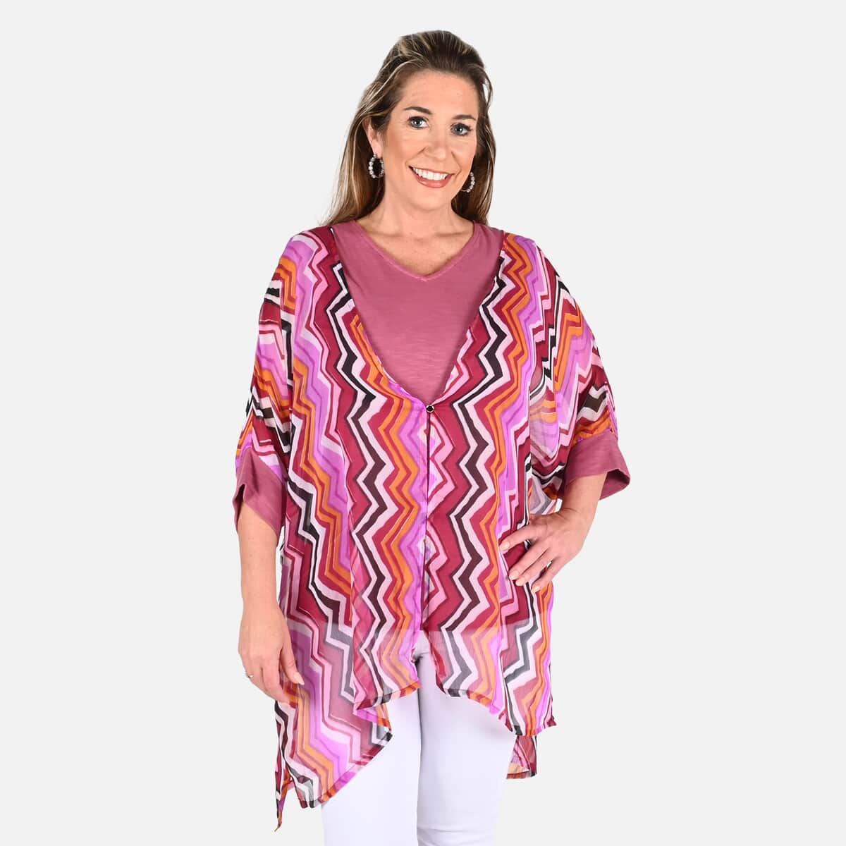 Tamsy Pink Color Chiffon Overlay Top - XL image number 3